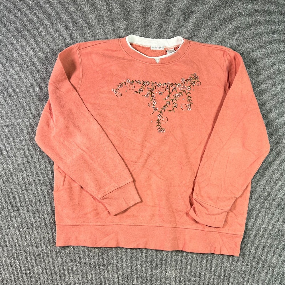 Hasting & Smith Sweatshirt Womens L Coral Embroidered Vines Autumn Grandma Core